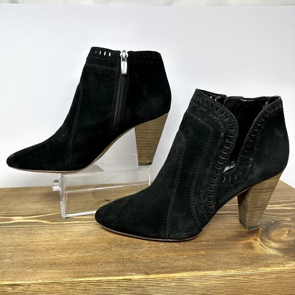 Vince Camuto Ankle Booties Black Suede Leather SZ 8 Stacked Block High Heel - Picture 1 of 8